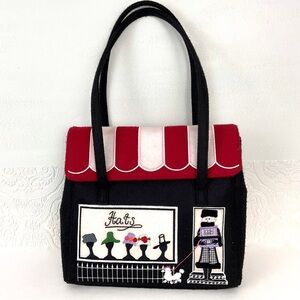 Vintage felted wool hat shop shaped shopper bag embroidered details